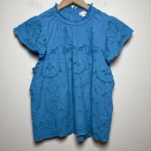 Anthro Jennifer & Grace Women 100% Cotton Lainie Top Medium Blue Eyelet  Cutwork